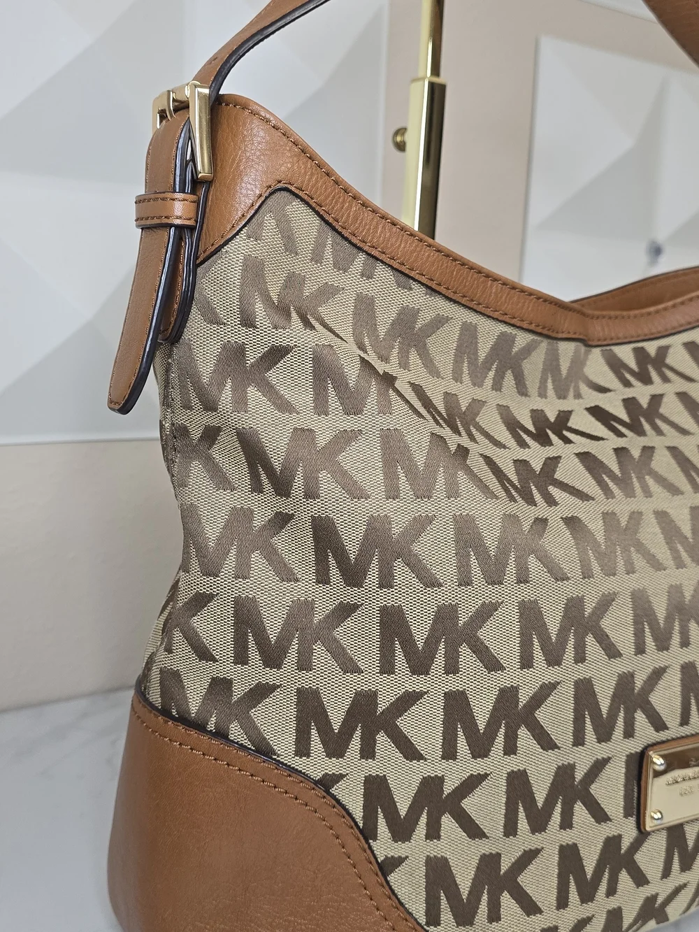 Michael Kors Large Logo Jacquard Hobo Shoulder Bag Tan Brown MK Monogram
